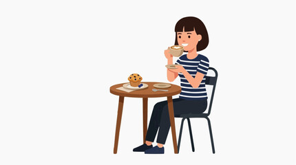 Fototapeta premium Woman savoring cappuccino and muffin at a small table, cozy break illustration for lifestyle marketing, customer experience and coffee shop concepts