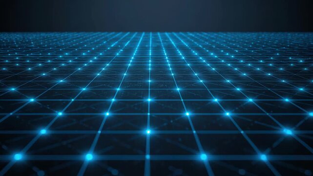 Futuristic glowing blue grid floor with perspective depth and luminous network nodes forming