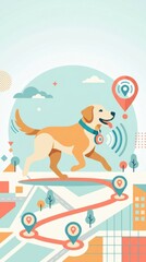 Fototapeta premium A dog walks on a colorful map with tracking points. This design highlights pet care in a simple, modern style.