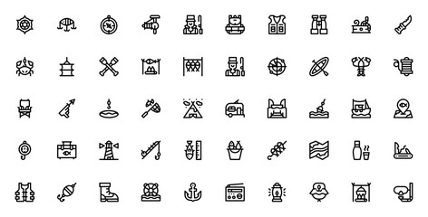 Fishing icon set. Minimal outline vector pack. Includes symbols for helm, baits, compass, reel, fisher, backpack, vest and more. © wang