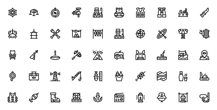 Fishing icon set. Minimal outline vector pack. Includes symbols for helm, baits, compass, reel, fisher, backpack, vest and more.