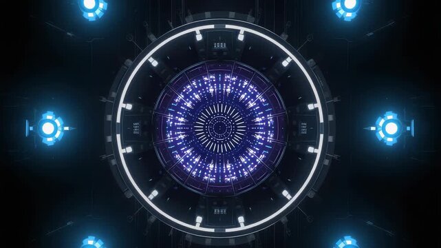 Futuristic glowing reactor core energy hub with blue and purple lights high tech circular core