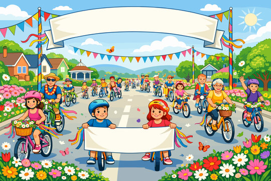 Community bicycle parade takes place in a neighborhood during a sunny day with lots of flowers and cheerful participants