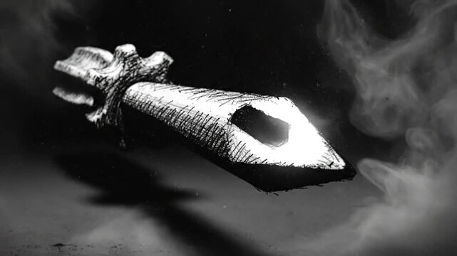 Black and White Artistic Rendering of a Dagger Floating Amidst Smoky Atmosphere for Horror and Suspense