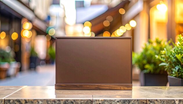 Blank horizontal sign mockup on cafe table background