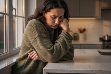 Obraz premium Woman sitting at kitchen counter looking contemplative and emotionally drained