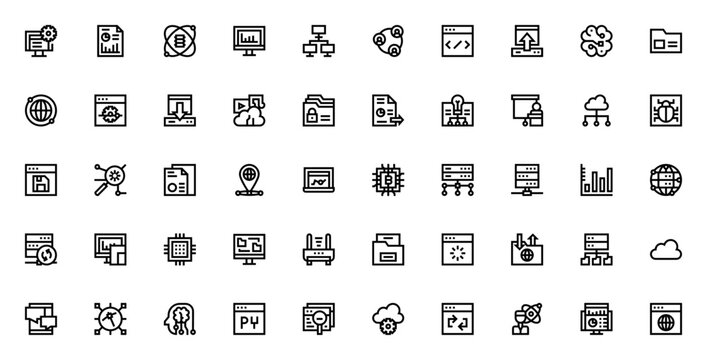 Big data icon set. Minimal vector line icon pack. Includes symbols for programming, data science, cloud, AI, machine learning, analytics, server, database, security, and more.