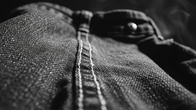 Close-up of a dark denim jacket with a vertical seam and subtle lighting, creating a textural monochrome study.