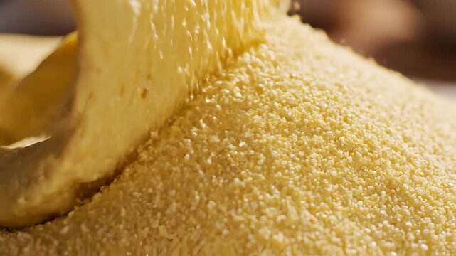 Closeup of a large pile of golden cornmeal being poured.