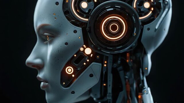Futuristic female android profile portrait with glowing circuitry and metallic robot cyborg
