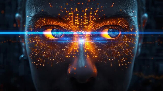 Futuristic humanoid cybernetic face with glowing digital eye pattern and intense blue laser eye
