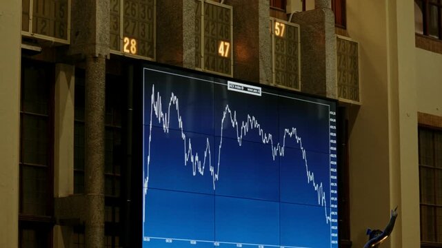 Euronext Amsterdam building at night with a large outdoor screen showing a falling stock index