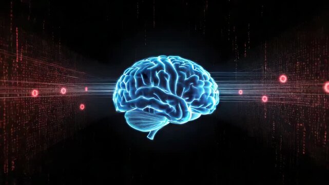 Glowing blue brain neural network with digital data streams and red nodes conveying cognition