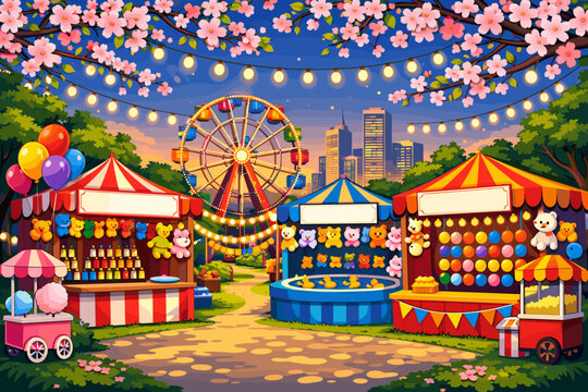 Colorful fair scene with games, food stalls, and a ferris wheel in a city park during evening