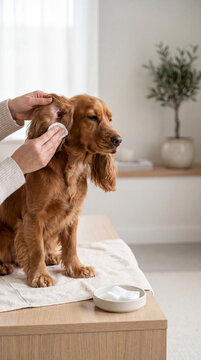 Woman cleaning ear of English Cocker Spaniel dog with cotton pad. Pet care and grooming at home. Veterinary health checkup concept for domestic animal hygiene and wellness routine.