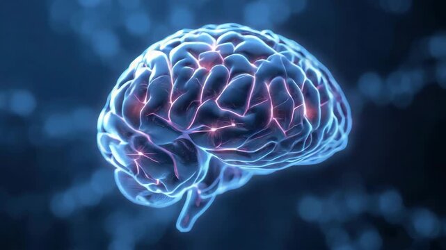 Glowing brain neural network illustration with neuron synapse signals and blue glowing network