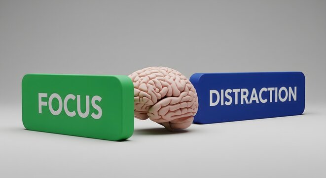 Human Brain Model Between Focus and Distraction Blocks Representing Co