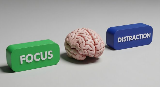 Human Brain Model Between Focus and Distraction Blocks Representing Co