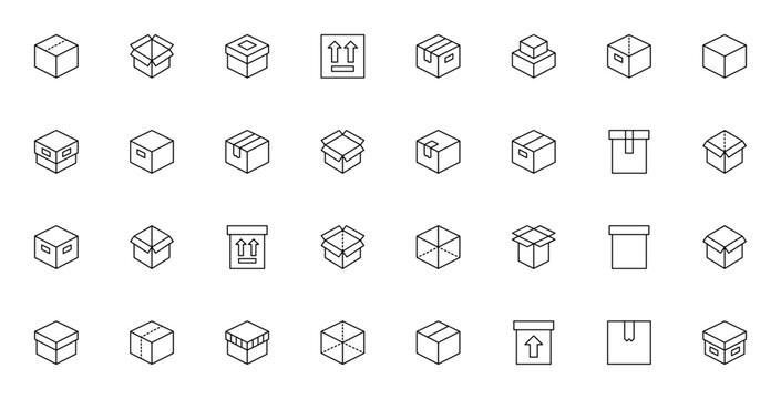 Boxes icon set. Storage vector icons pack. Minimal line art includes box, crate, cube, shipping box, storage box, open box and more. Editable stroke.