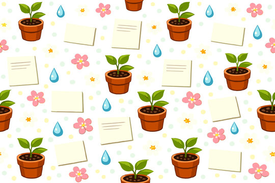 Cute design with plant pots, flowers, water drops, and notes on a white background in a simple layout near spring season