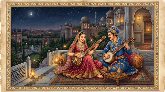 Mughal couple playing music in palace garden at night