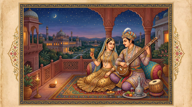 Mughal couple playing music and drinking wine