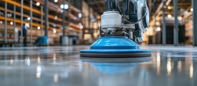 Close-up of industrial floor polisher machine cleaning and polishing a reflective concrete floor in a modern warehouse or factory.