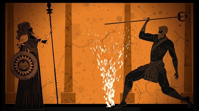 poseidon creating water spring and athena creating olive tree in orange greek vase style
