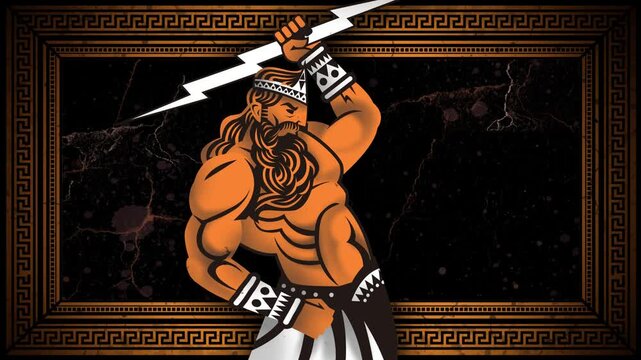 zeus jupiter creating and throwing lightning in orange greek vase style