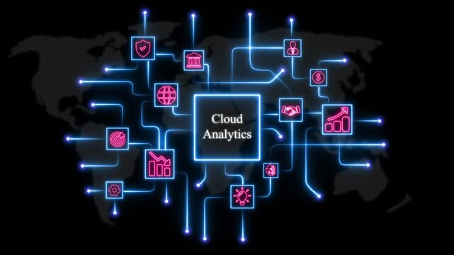 Cloud analytics network diagram with global data connectivity and digital business growth infographic animation