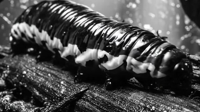 Black and white close up of a caterpillar crawling on a log with water droplets in a rainforest setting