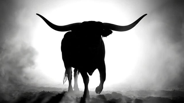 Powerful silhouette of a longhorn bull standing against a bright, hazy backdrop, capturing a bold presence