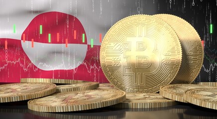 Greenland - golden cryptocurrency bitcoins and financial data - 3D illustration © PX Media