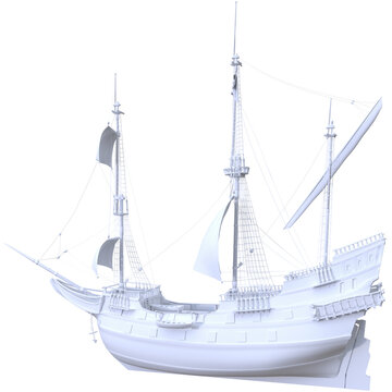 An abstract model of a three-masted ship from the era of sail. A large sailing warship or merchant vessel with three vertical masts. A frigate, barque, or xebec.
