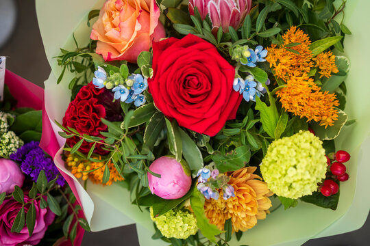 Colorful mixed flower bouquet with red rose and yellow hydrangea