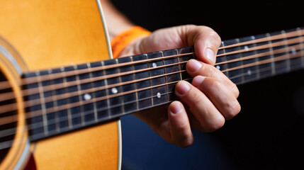 Obraz premium Acoustic guitar performance with detailed fingerpicking technique at live show