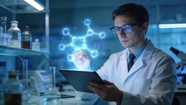 A scientist examines a glowing holographic molecule in a high-tech lab.
