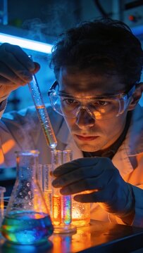 Scientist carefully conducting an experiment under neon laboratory lighting.