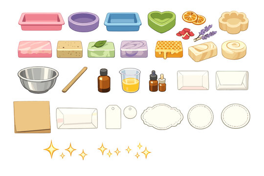 Items used for soap making with various molds, ingredients, and tools displayed on a white background