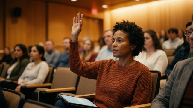 Diverse parent attentively raising a hand during a youth sports scholarship forum focused on tablet notetaking in a warmly lit modern university auditorium with blurred audience.
