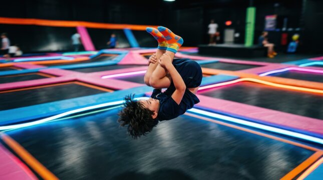 Colorful grip socks in crisp focus as child flips dynamically surrounded by blurry black trampoline surfaces and glowing neon outlines showcasing dramatic sports movement.