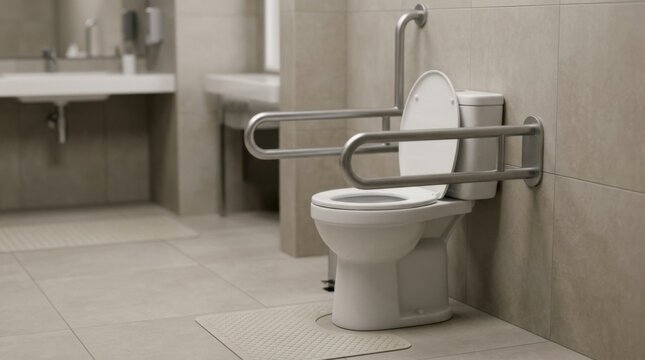 Detailed medium perspective on grab bars and raised toilet setup framed by soft studio lighting showcasing spacious clutterfree design in a 3D rendered accessible bathroom.