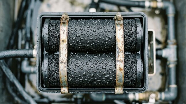 Macro view of activated carbon filter cartridges showing detailed water droplets on the surface and aged metal clamps in soft cool neutral lighting from a topdown perspective.