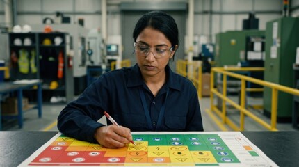 Fototapeta premium Focused view of a female engineer studying a detailed colorcoded risk chart with circled safety icons set against a softly outoffocus backdrop of a wellorganized industrial