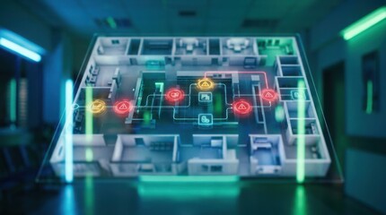 Fototapeta premium Medium shot of a digital twin interface showcasing a hospital pharmacy workflow with glowing error checkpoints layered over a blurred hospital floor plan under cool neon lights.