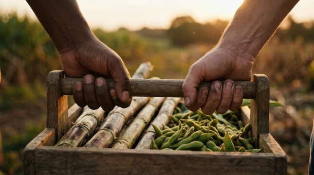 Closeup of diverse farmers hands gripping a crate filled with fresh sugarcane and soy pods showcasing sustainable agriculture during golden hour with warm backlight and a blurred