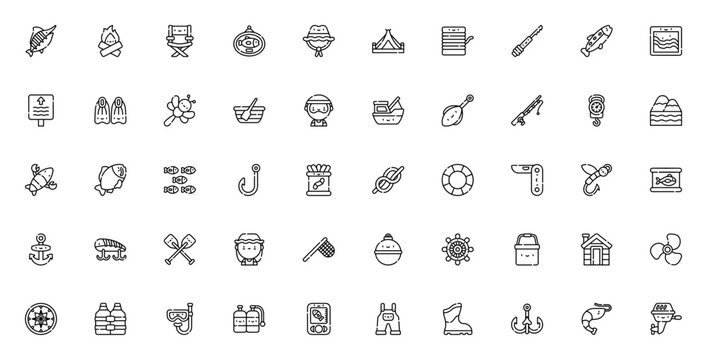 Fishing icon set. Minimalist vector pack. Outdoor fishing collection featuring rod, boat, bait, hook, tent, net, tackle, lure, map, compass, reel and more.