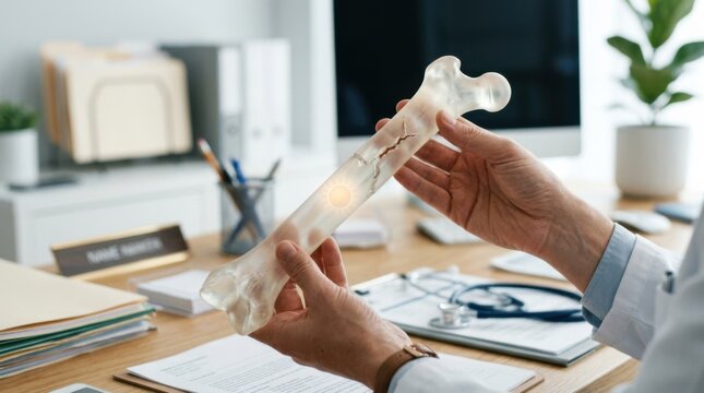 Closeup medium shot of hands presenting a translucent cracked bone model with a subtle sun icon fading softly illuminated by bright highkey lighting on a tidy medical office desk