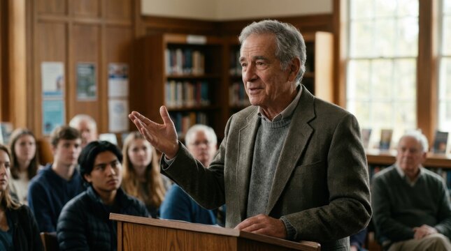 Senior man gestures thoughtfully while addressing an intergenerational town meeting in a cozy library room with blurred participants and posters in the soft natural light.