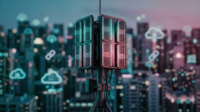Medium shot of a glowing 5G massive MIMO antenna array in sharp focus with blurred futuristic city grid and cloud icons softly lit by teal and magenta gradients in the background.